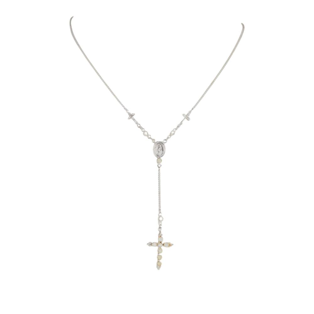 Virgins Saints & Angels Silver Rosary Cross Necklace with Pearl Accents